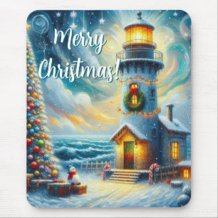 Tapis De Souris Phare de Noël Arbre Nautique Bleu Côtier