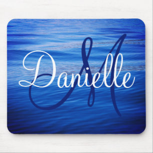 Tapis De Souris Photo Bleu d'Eau Monogramme Bleu foncé et Blanc