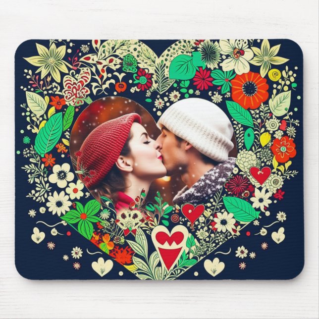 Tapis De Souris Photo personnalisée du cadre cardiaque floral (Devant)