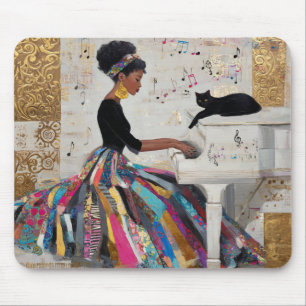 Tapis De Souris Pianiste noire en feuille d'or et chat