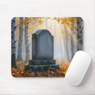 Tapis De Souris Pierre tombale dans un cimetière automnal brumeux