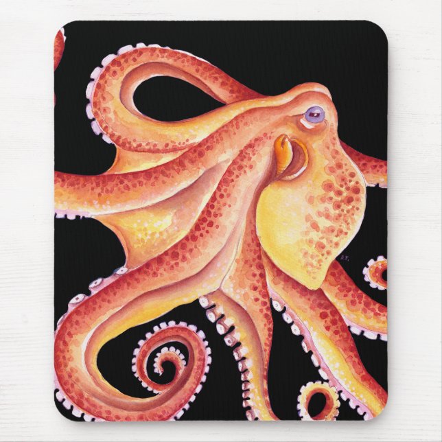 Tapis De Souris Pieuvre rouge sur l'aquarelle noire (Devant)