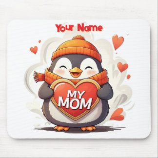 Tapis De Souris Pingouin souriant tenant signe cardiaque MA MÈRE