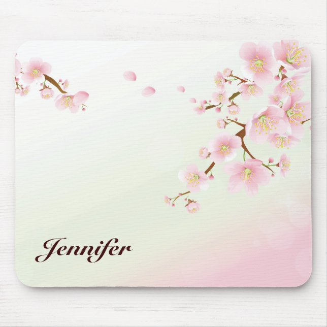 Tapis De Souris Pink and White Cherry Blossom Nature Monogram (Devant)