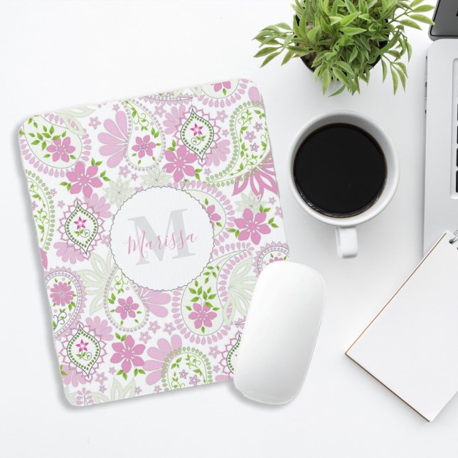 Tapis De Souris Pink Girl mignonne Chic Preppy Paisley Monogramme (Créateur téléchargé)