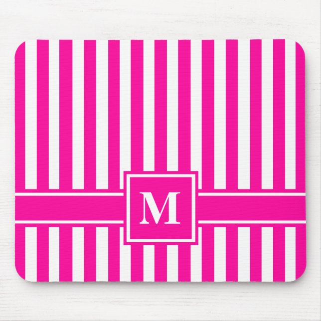 Tapis De Souris Pink Modern Stripe with Monogram (Devant)