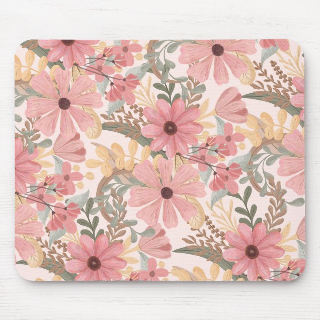 Tapis De Souris Pink Sage Vert Floral Feuille Motif d'aquarelle (Devant)
