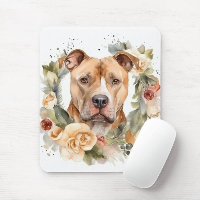 Tapis De Souris Pitbull Christmas Wreath Festive Pup (Avec souris)