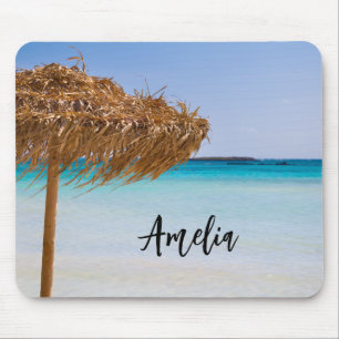 Tapis De Souris Plage tropicale panoramique avec parasol en paille