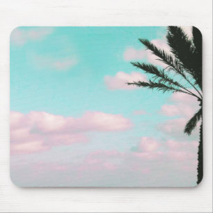 Tapis De Souris Plage tropicale, vue d'océan, nuages roses, paume