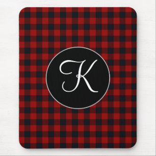 Tapis De Souris Plaid buffalo rouge et noir monogrammé personnalis