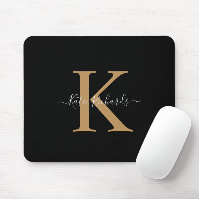 Tapis De Souris Plaque de souris monogramme foncé et or (Avec souris)