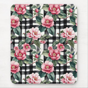 Tapis De Souris Plaqué noir et blanc avec Camellias rose feuillus