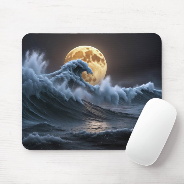 Tapis De Souris Pleine lune Dans La Vague Océanique (Avec souris)