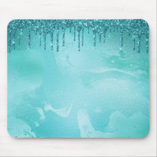 Tapis De Souris Pluie de Parties scintillant turquoise sur marbre 