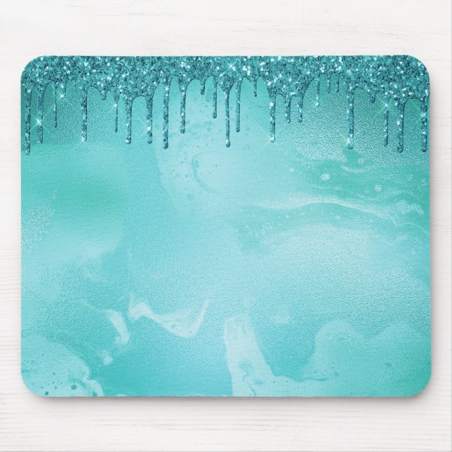 Tapis De Souris Pluie de Parties scintillant turquoise sur marbre  (Devant)