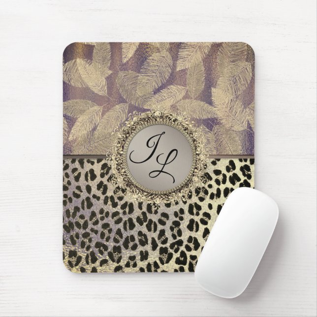 Tapis De Souris Plumes chic avec Monogramme Empreinte de léopard (Avec souris)