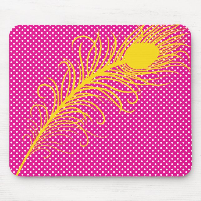 Tapis De Souris Plumes et Pois de paon - rose et jaune (Devant)