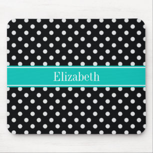 Tapis De Souris Points noirs et blancs Monogramme de nom sarcelle