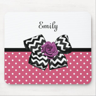 Tapis De Souris Points roses mignons Rose pourpre Chevron Bow et n