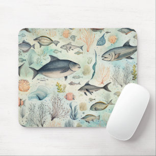 Tapis De Souris Poisson Corail Océan Sous-marin Nautilus Aquarelle