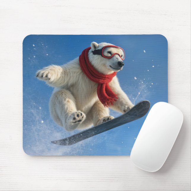 Tapis De Souris Polar Bear Mid-air on a Snowboard (Avec souris)