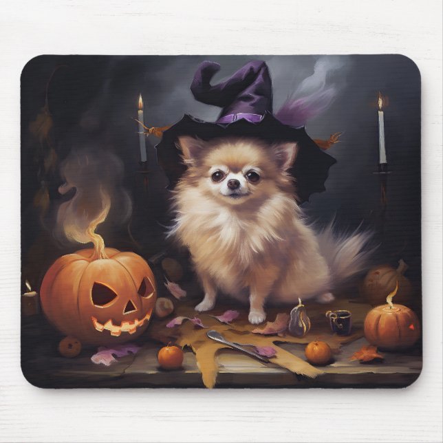 Tapis De Souris Pomeranian Citrouilles Halloween Épouvantable (Devant)