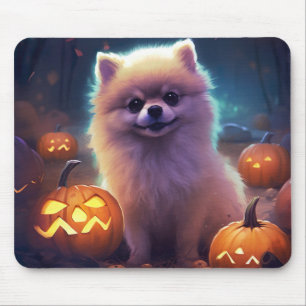 Tapis De Souris Pomeranian Halloween avec citrouilles effrayant