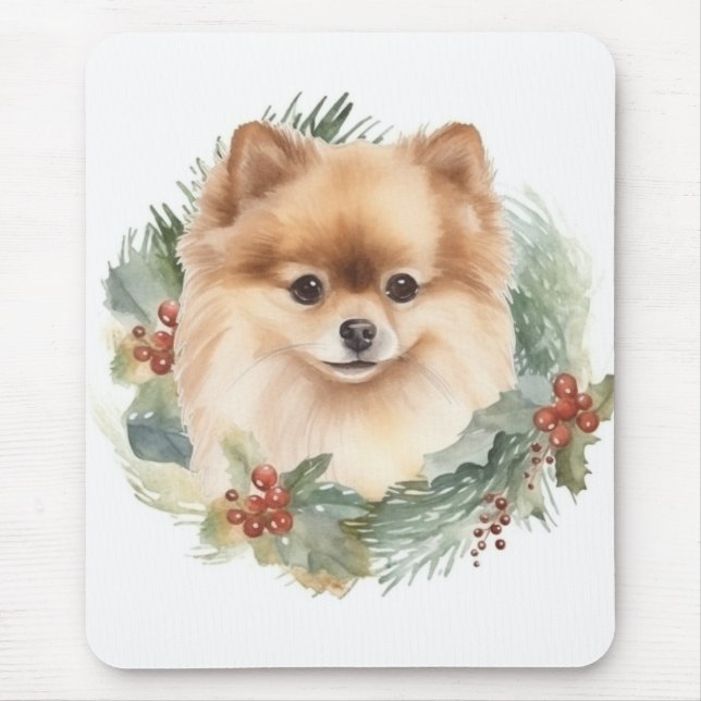 Tapis De Souris Pompe Poméranienne de la couronne de Noël (Devant)