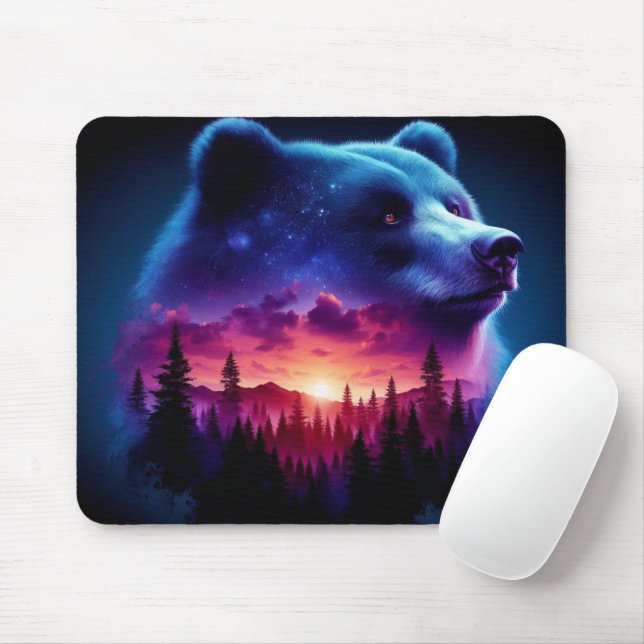 Tapis De Souris Portrait Ours Double Exposition Avec Coucher De So (Avec souris)