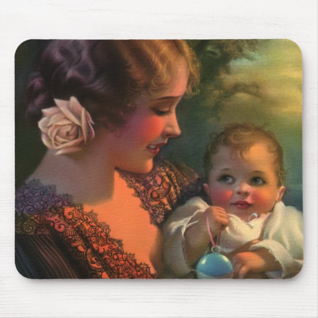 Tapis De Souris Portrait vintage de la fête des mères, maman et bé (Devant)