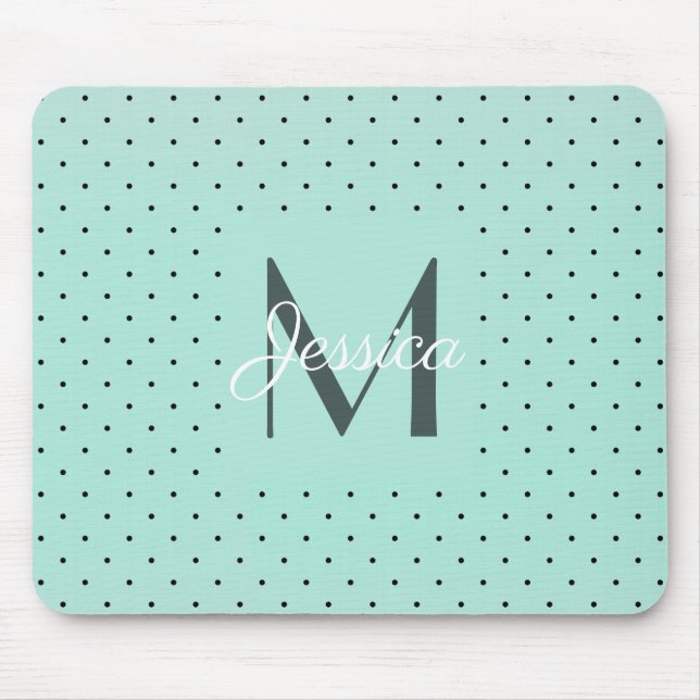 Tapis De Souris Pot Polka Turquoise moderne et monogramme (Devant)