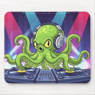 Tapis De Souris Poulpe DJ avec platines – Dessin animé de soirée n