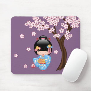 Tapis De Souris Poupée Maiko Kokeshi - Fille Geisha en Kimono Bleu