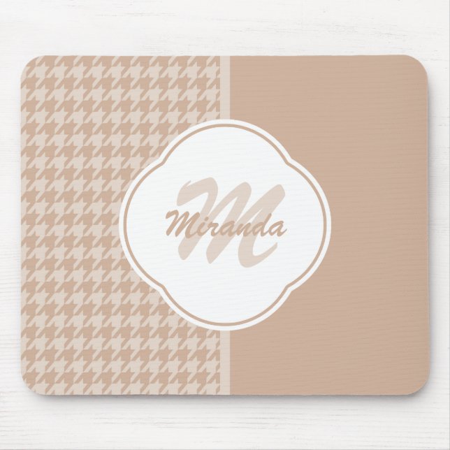 Tapis De Souris Preppy Beige et Tan Houndstooth Monogramme et nom (Devant)
