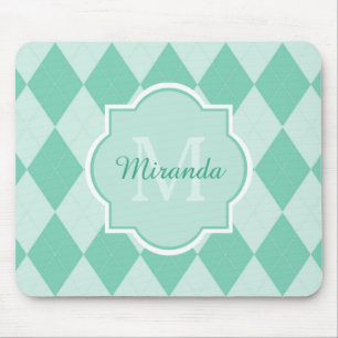 Tapis De Souris Preppy Mint Green Jacquard Girly Monogramme et nom