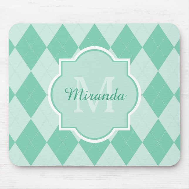 Tapis De Souris Preppy Mint Green Jacquard Girly Monogramme et nom (Devant)