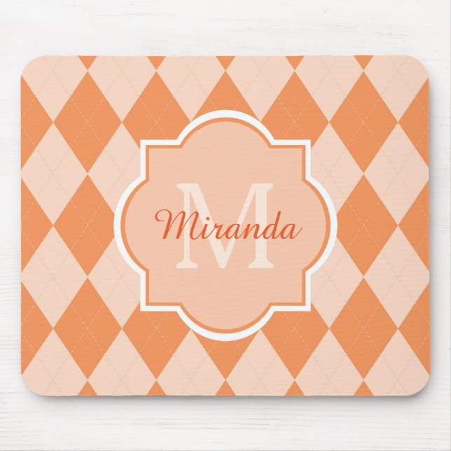 Tapis De Souris Preppy Orange Jacquard Girly Monogramme et nom (Devant)