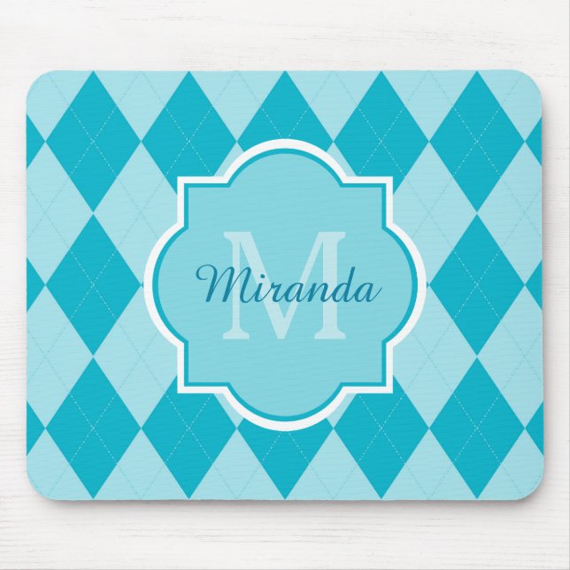 Tapis De Souris Preppy Turquoise Jacquard Girly Monogramme et nom (Devant)