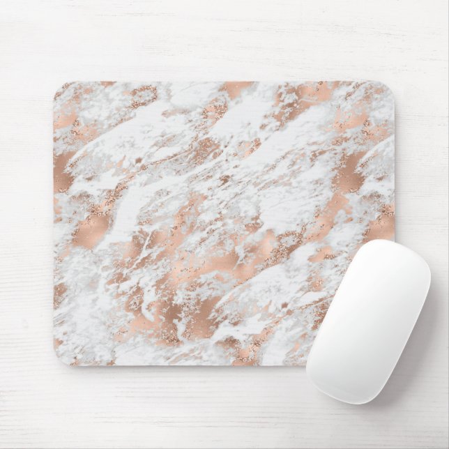 Tapis De Souris Pretty Rose Gold White Glitzy Marble (Avec souris)