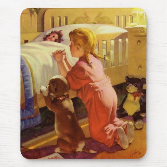 Tapis De Souris Prières au coucher, Fille avec chiot, Religion Vin (Devant)