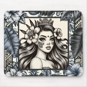 Tapis De Souris Princesse Polynésienne Fleurs Bleues Tribal