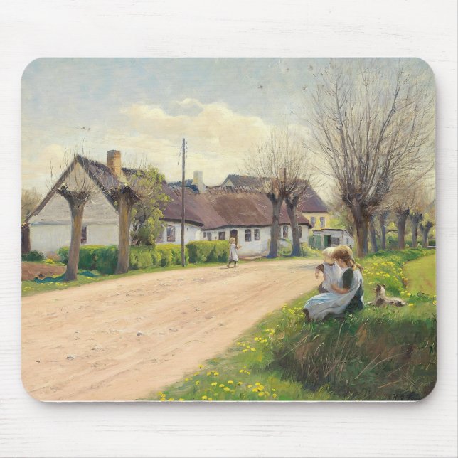 Tapis De Souris Printemps dans le village avec les filles sur le b (Devant)