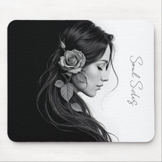 Tapis De Souris Profil féminin artistique avec rose en monochrome