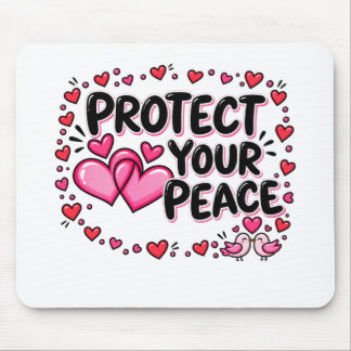 Tapis De Souris Protégez Votre Paix Cœurs Roses Inséparables