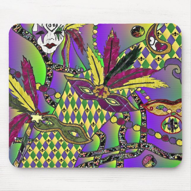 Tapis De Souris Psychédélique Mardi Gras Plumes Masques Cadeaux Vê (Devant)