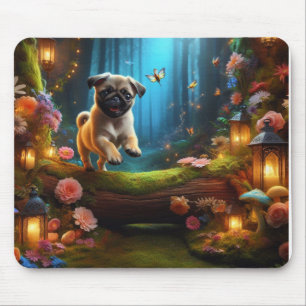 Tapis de souris Pug chiot joueur dans une forêt en