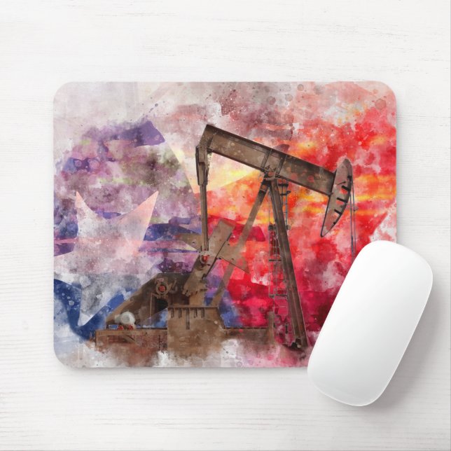 Tapis De Souris Pumpjack Texan icône aquarelle avec Texas Flag (Avec souris)