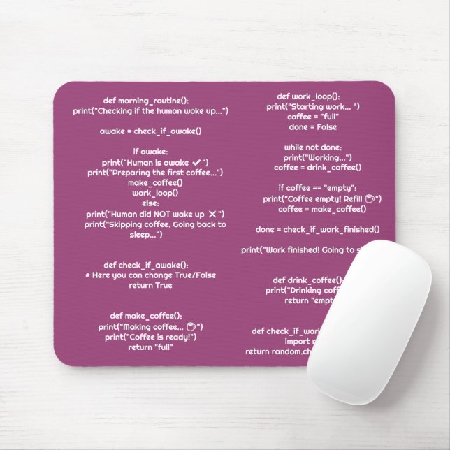 Tapis de souris Python morning_routine() – Cadeau  (Avec souris)