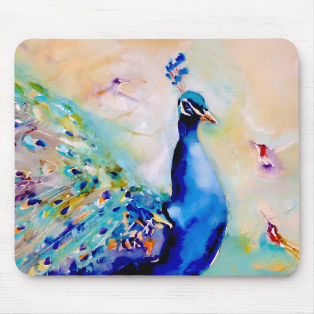 Tapis De Souris "Qui est le plus joli ?" Paon et colibris (Devant)